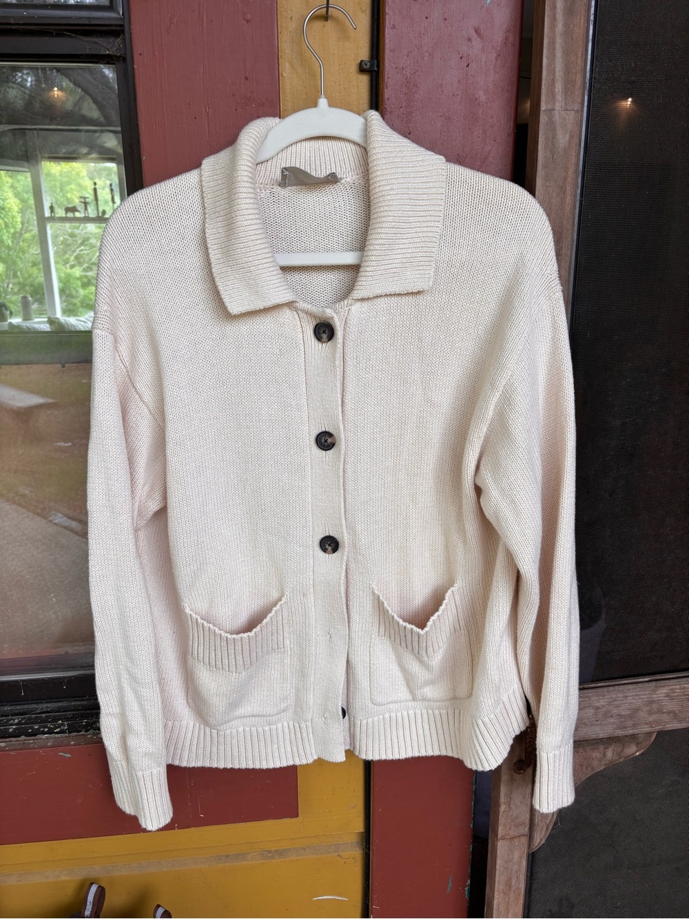 Everlane Cream Button-Up Collared Knit Cardigan